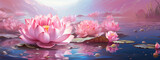 Fototapeta Kwiaty - beautiful pink lotus on the pond, water lily, harmony, meditation, relaxation, zen, calm, spa, flower, plant, nature, floral, bloom, spring, blossom, lake, river, source, tenderness, petals
