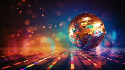 Wall Mural - Disco ball with bright rays, night party background,copy space