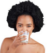 Health, milk and portrait of black woman with glass drinking for diet, detox and calcium. Nutrition, face and isolated person with dairy for wellness and protein on png or transparent background