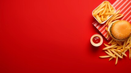 Wall Mural - top view of fast food on red background with copy space, Generative AI