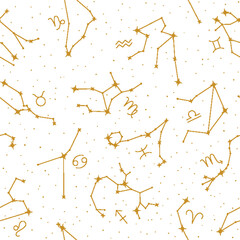 Wall Mural - Golden zodiac constellations seamless pattern, astrological forecast, magic repeating print. Astrology, horoscope signs, constellations of stars vector illustration on white