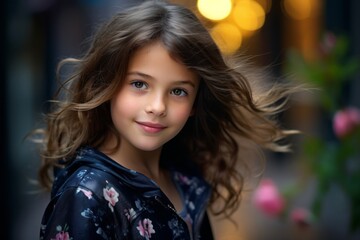 Wall Mural - Portrait of a beautiful little girl with long curly hair. Beauty, fashion.