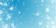 Cute falling snow flakes backdrop. Wintertime fleck ice shapes. Snowfall weather white teal blue illustration. Flat snowflakes february vector. Snow hurricane scenery.