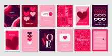 Big Set Valentine's Day Greeting Cards. Hand Drawn Trendy Cartoon Heart, Love Lettering. Vector Illustration	