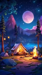 Wall Mural - Fantasy camp at beautiful night, seamless looping video background animation