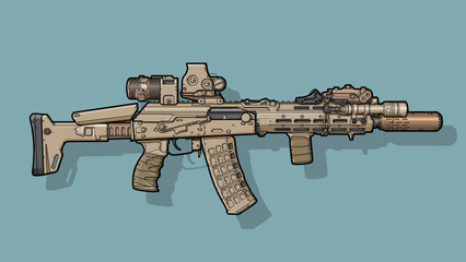 Close-up of a black AK 105 rifle with tactical tuning and collimator sight, magnifier, flashlight, tactical laser unit, handle and silencer on an isolated blue background, line Art white