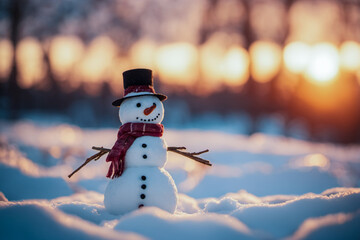 snowman is standing in the snow with a red scarf around his neck and a black hat on