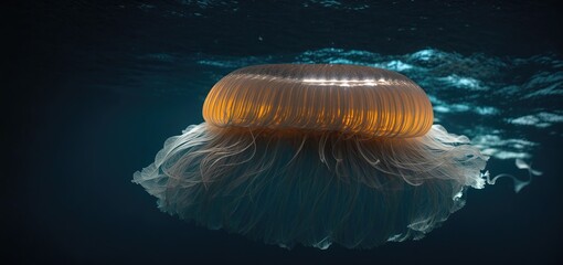 Wall Mural - jelly fish in the aquarium.a solitary jellyfish drifts through the dark blue waters, its bioluminescent body casting an enchanting glow