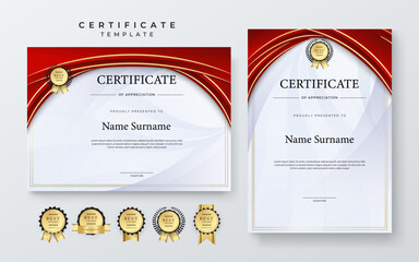 Wall Mural - Red and gold certificate of appreciation border template with luxury badge and modern line and shapes