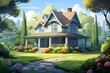 house exterior, a beautiful house with a green lawn with nice grass. house in the park. Luxury houses with nice landscapes. illustration.