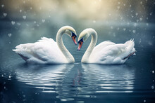 Artistic Portrayal Of A Serene Lake With Two Elegant Swans Gracefully Gliding On The Water, Creating Heart-shaped Ripples