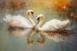 painting showcasing a pair of swans floating on a romantic