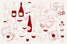 Сollection Of Cheese And Wine Illustration In Sketch Style. Editable Vector Illustration.