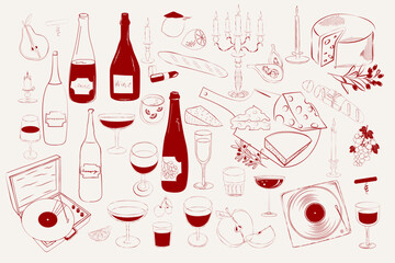 Wall Mural - Сollection of cheese and wine illustration in sketch style. Editable vector illustration.