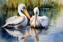 Watercolor Artwork Featuring Two Elegant Pelicans Resting By The Water's Edge