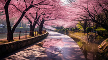 Road Through A Japanese Garden With Cherry Blossoms And Sakura.