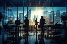 Group Of Business People Silhouettes In Modern Office Building And Business Network Concept. Human Resources. Group Of Business People Management Strategy