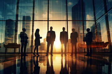 Group of business people silhouettes in modern office building and business network concept. Human resources. group of business people Management strategy