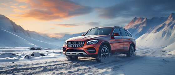 SUV rides on a winter forest road. A car in a snow-covered road among trees and snow hills