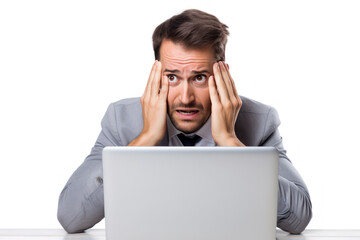 Canvas Print - Male businessman sits stressed and has a headache In the workplace, sitting and working on a computer or laptop on a white background.