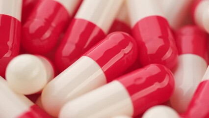 Wall Mural - Gelatin red white capsules extreme macro, rotation. Pharmaceutical Industry concept