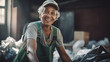 smiling old retired woman working as a garbage man, 