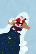© deagreez - Photo collage artwork picture of excited funky santa flying carton plane wings x-mas midnight isolated creative background