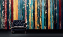 Blue Vintage Armchair With A Casual Wallpaper Featuring A Colorful Vertical Oil Painting 