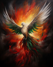 Phoenix Bird With With White Red, Black And Green Feather, Palestinian Flag,hyper Realistic, Dramatic Light And Shadows,