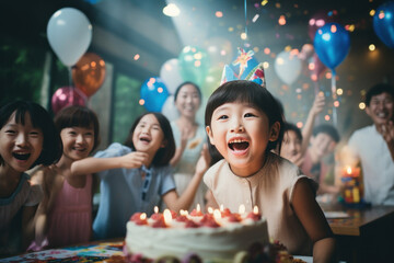 Wall Mural - A beautiful young girl and her Asian friend have fun celebrating their birthday with a birthday cake and candles while smiling for the camera. Celebrate children's birthdays with family