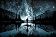 A man standing by a lake under a starry sky, AI generated
