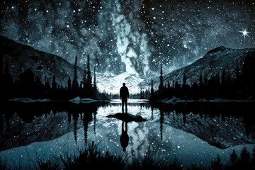 Wall Mural - A man standing by a lake under a starry sky, AI generated