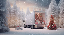 Open White Cargo Truck With Christmas Trees & Gifts Inside