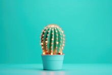 Minimalistic Image Of A Christmas Cactus With Lights On A Blue Background With Copy Space.