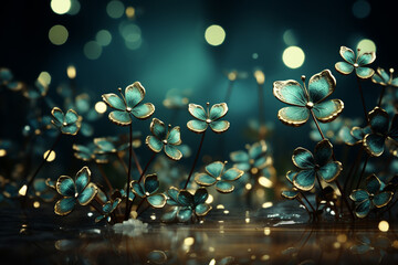 Leinwandbilder - Beautiful Festive background with shining clover shamrocks and golden bokeh. St. Patrick's Day backdrop.  
