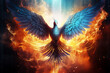 phoenix bird with with golden feather spread its wings,hyper realistic, dramatic light and shadows,