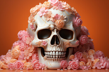 Poster - Skull with sugar cubes on a peach background. Concept sweet kill or unhealthy diet.  