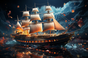 Aufkleber - Beautiful abstract joy ship with lights on a bright bokeh background. 