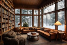 A Picturesque Winter Landscape From The Windows Of A Cozy House Located In A Snow-covered Forest, Personifying The Charm Of A Relaxing Holiday.