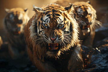 Aufkleber - He playful interaction between a group of Tiger, showcasing their social dynamics and vigilant nature.  