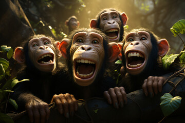 Aufkleber - Playful interaction between a group of Chimpanzee's, showcasing their social dynamics and vigilant nature.  