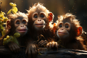 Aufkleber - Playful interaction between a group of Orangutan's, showcasing their social dynamics and vigilant nature.  