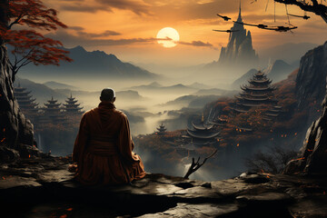 Poster - A monk meditating in front of a chinese temple, foggy mountains in the backgroun. 