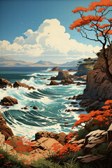 Poster - A dramatic view of rugged cliffs overlooking the sea, capturing the raw power and beauty of a mainland's coastal geography.  