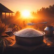 rice in a pan  on sunset in the morning