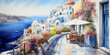 Watercolor Painting of the Scenic Streets and Provencal Architecture of Santorini, Greece