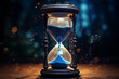 Eloquently Depicting Passing Time: A Close-up Hourglass with Crystals Running Quickly Symbolizing \u2018Time Running Out\u2019