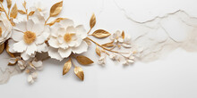 Elegant Composition Of White And Gold Flowers With Leaves On A White Marble Texture Background - Perfect For Stylish Designs.