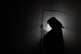 Fototapeta  - silhouette of death with a scythe. Dark reaper on a black background. Skeleton, skull, silhouette of a man in a black robe depicting death. Halloween characters concept.