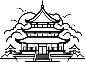 Chinese Orient Temple Building Vintage Outline Icon In Hand-drawn Style